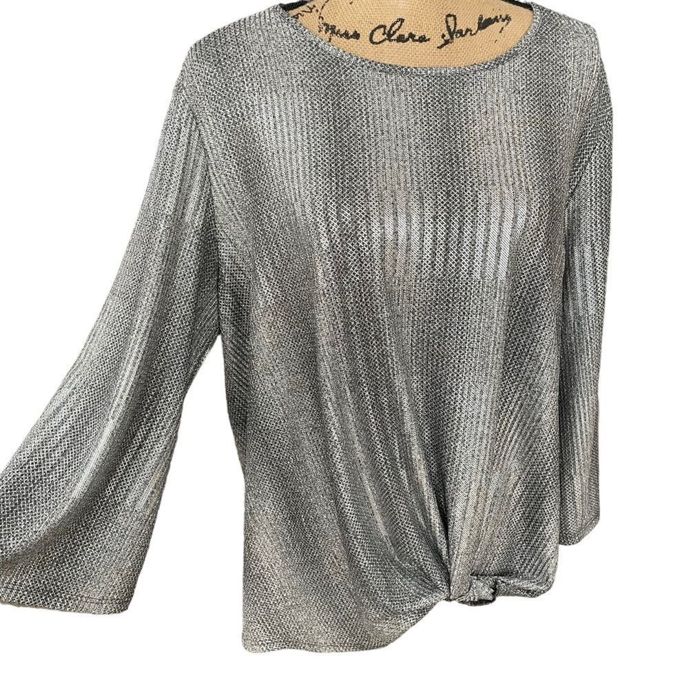 Clara Sun Woo Metallic Silver Knot Top 3/4 Sleeve Size XL - Picture 5 of 8